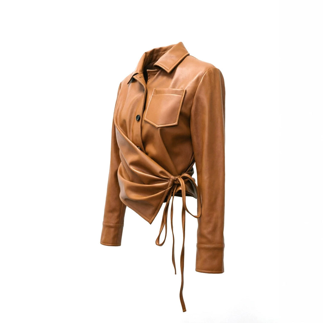 Damen Taillierte Wickeljacke aus Lederoptik mit Bindegürtel und Hemdkragen Nord Taschen