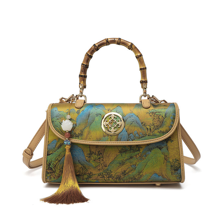 Damen elegante Handtasche mit Bambusgriff und kunstvollem Landschaftsmotiv Nord Taschen