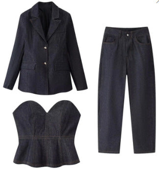 Damen 30+ dreiteiliges Denim-Set: taillierter Blazer, Taillen-Corsage & High-Waist-Jeans Nord Taschen