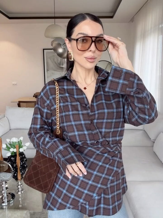 Damen Oversize-Kariertes Hemd mit Taillengürtel und verlängertem Rückensaum Nord Taschen