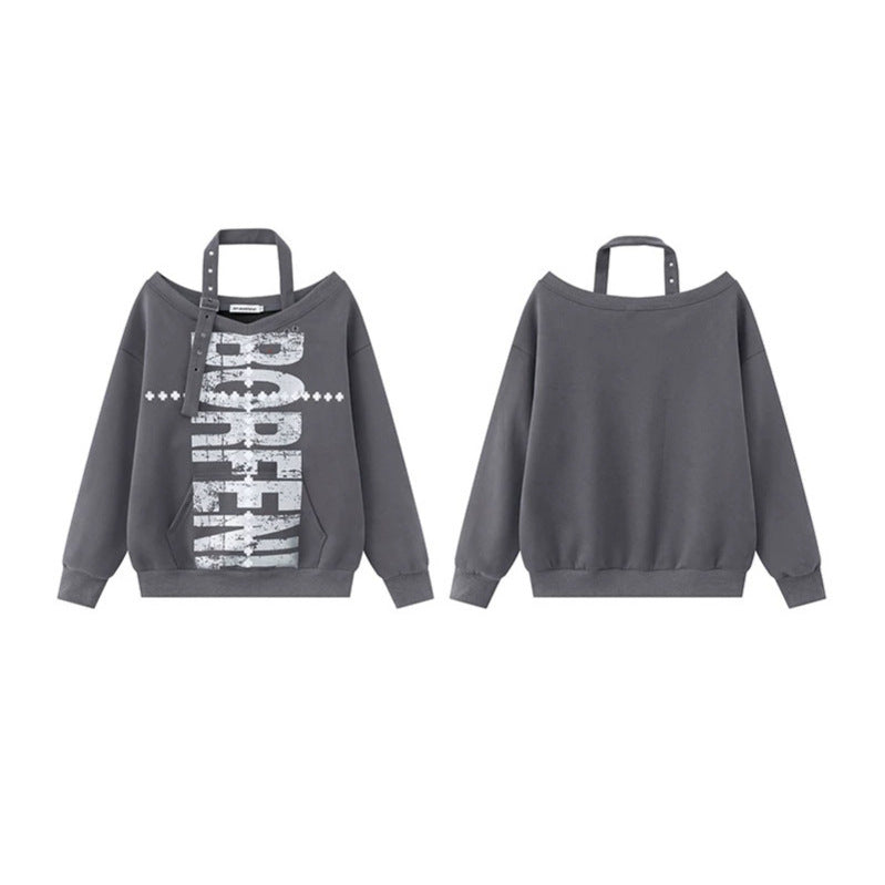 Damen Baumwoll-Mix Pullover mit abnehmbarem Nackenriemen, Kängurutasche und distressed Logoprint Nord Taschen
