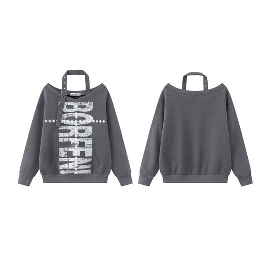 Damen Baumwoll-Mix Pullover mit abnehmbarem Nackenriemen, Kängurutasche und distressed Logoprint Nord Taschen