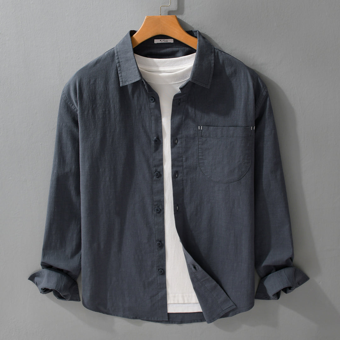 Herren Layering-Hemd im Overshirt-Stil aus Baumwoll‑Leinen mit Kentkragen und aufgesetzter Rundtasche Nord Taschen