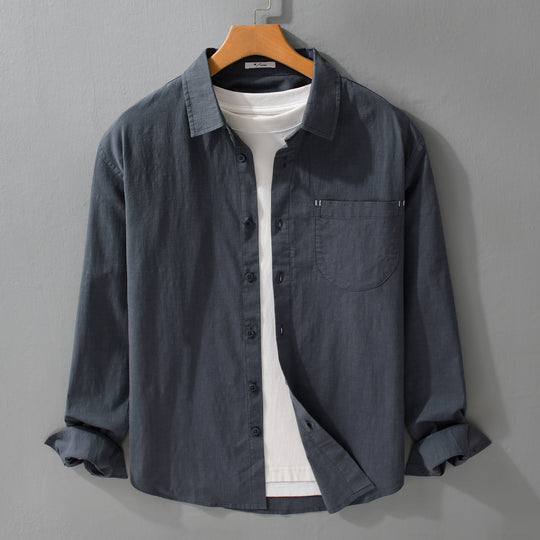 Herren Layering-Hemd im Overshirt-Stil aus Baumwoll‑Leinen mit Kentkragen und aufgesetzter Rundtasche Nord Taschen