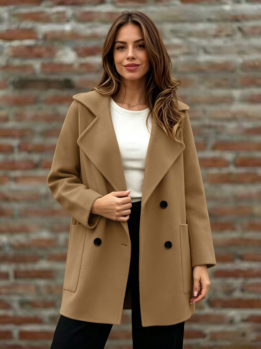 Damen Doppelreihiger Wollmantel mit Oversize-Revers Nord Taschen