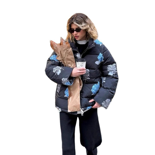 Damen Gepolsterte Oversize-Steppjacke mit Blumenprint und Kapuze Nord Taschen