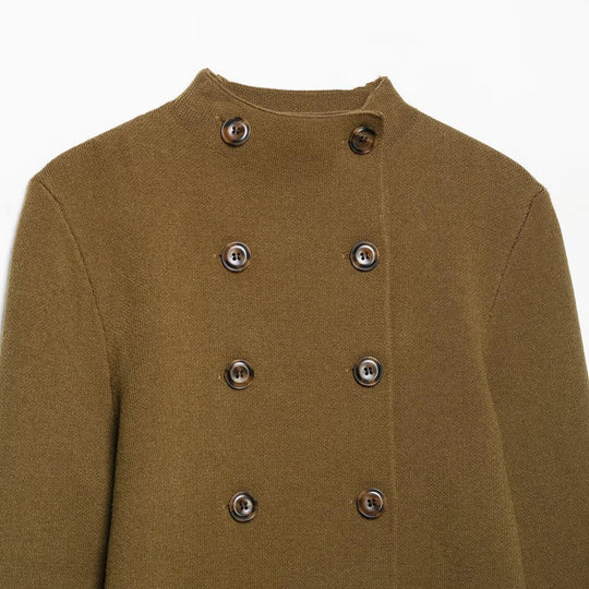 Damen Doppelreihige Cropped Strickjacke mit Stehkragen Nord Taschen