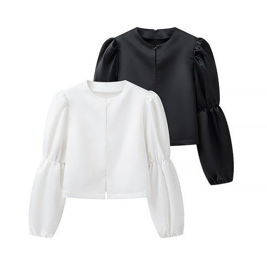 Damen Glänzende Satin‑Bluse mit voluminösen Puffärmeln Nord Taschen