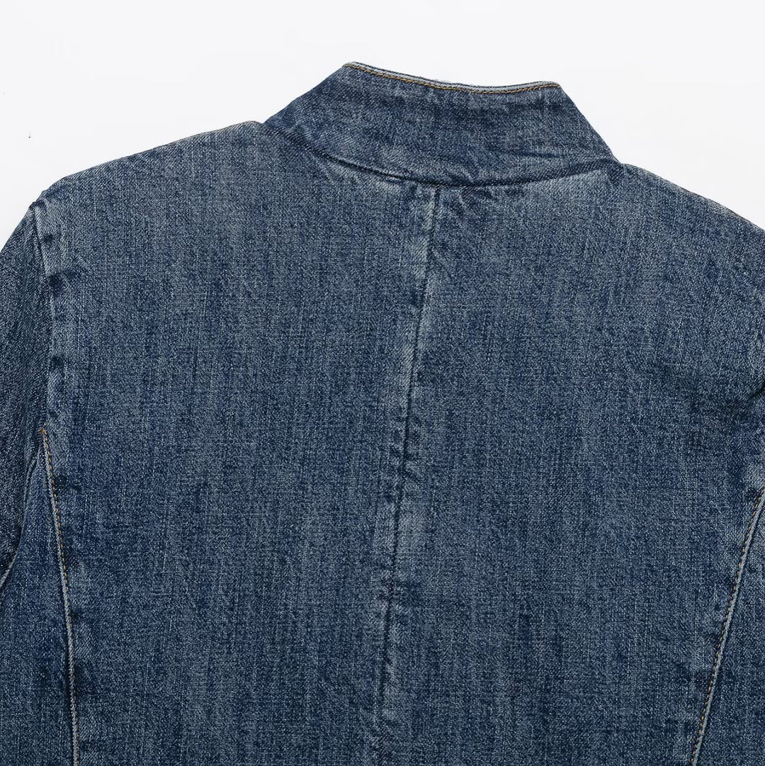 Damen Cropped Jeansjacke im Boxy-Cut mit Stehkragen und verdeckter Knopfleiste Nord Taschen