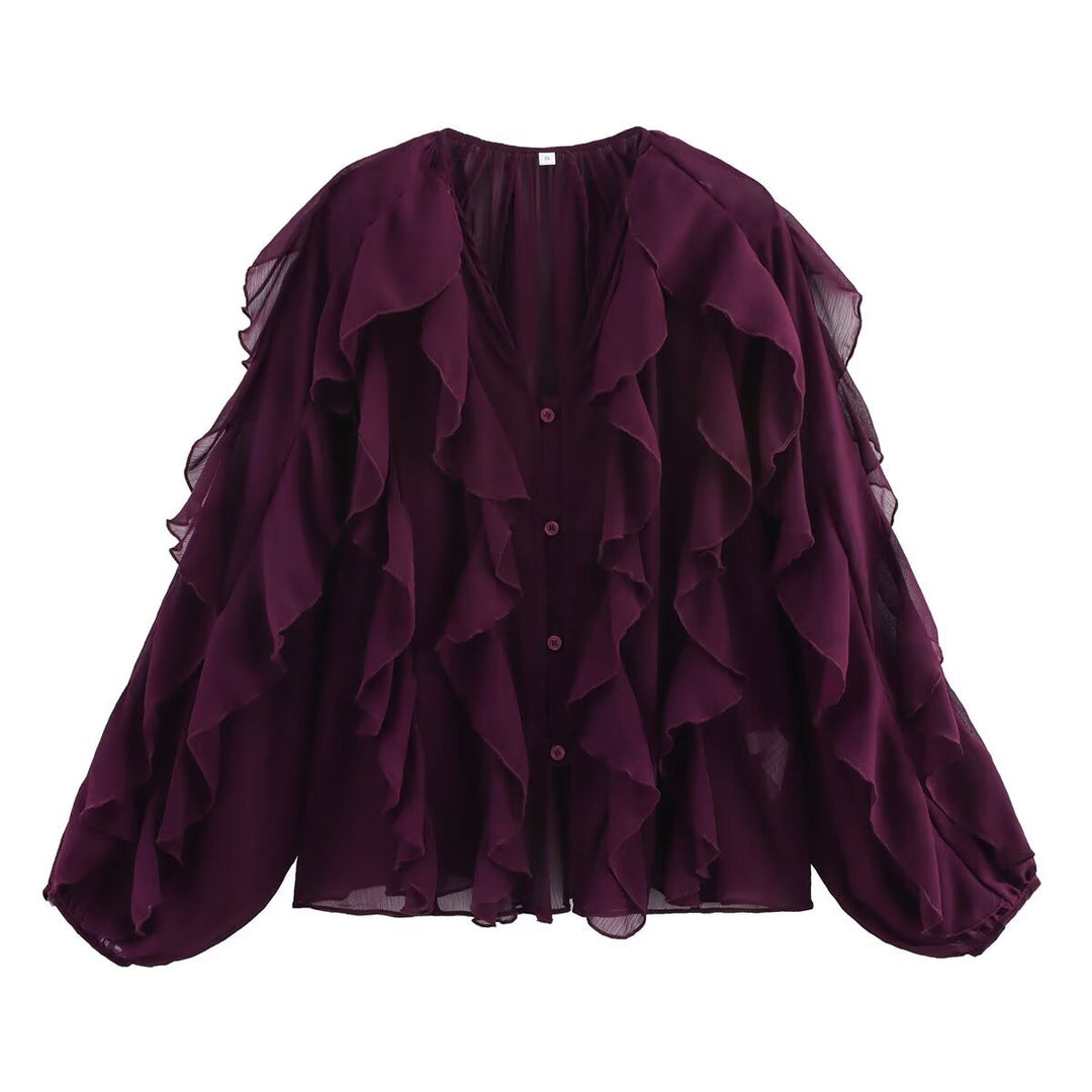 Damen Volant-Chiffonbluse mit V‑Ausschnitt, Knopfleiste und Ballonärmeln Nord Taschen
