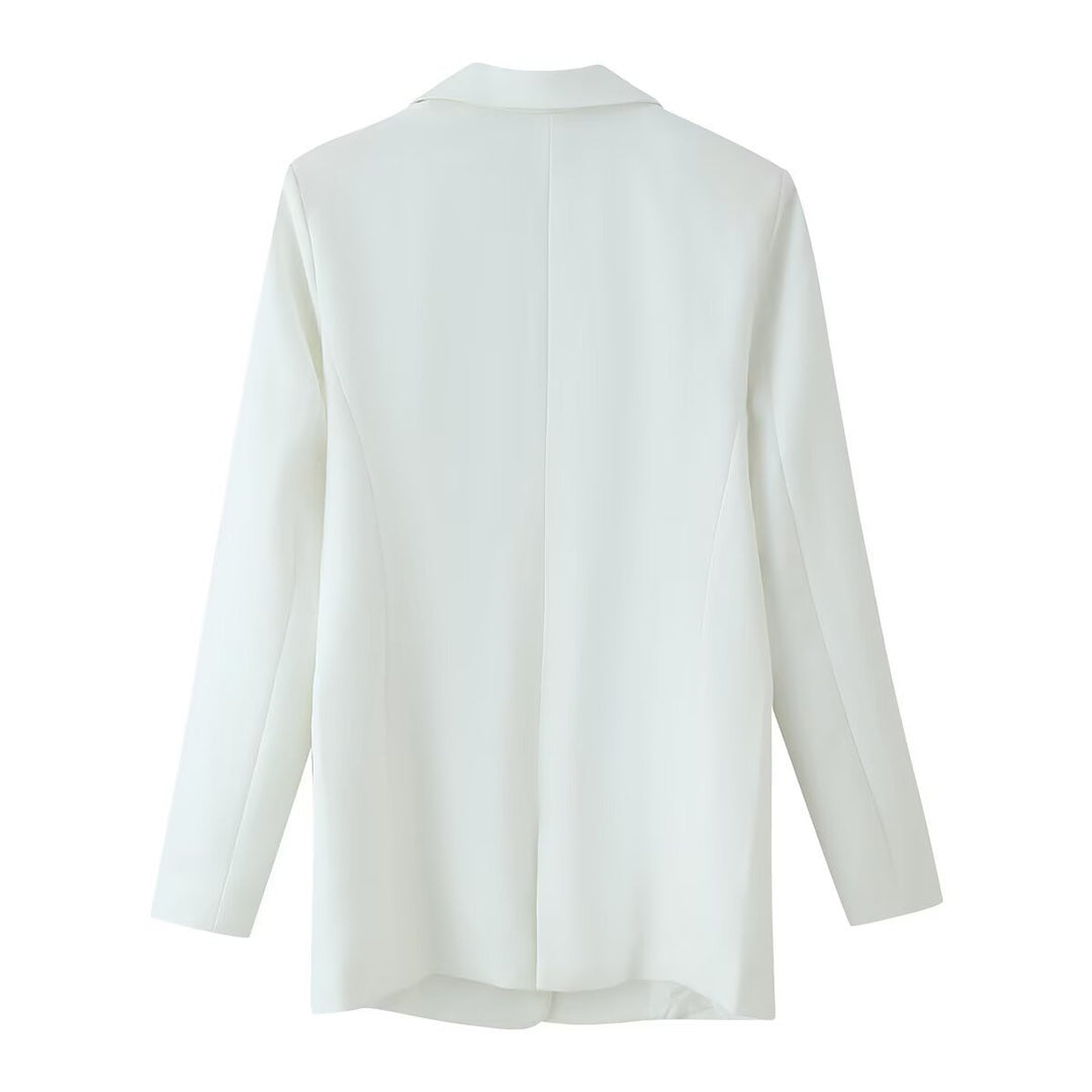 Damen Longline-Doppelreiher Blazer mit markanten Revers und goldenen Zierknöpfen Nord Taschen