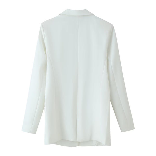 Damen Longline-Doppelreiher Blazer mit markanten Revers und goldenen Zierknöpfen Nord Taschen
