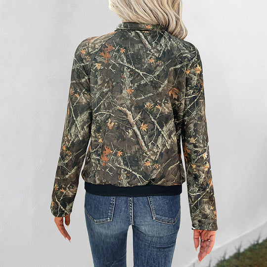 Damen Hoodie im Camouflage‑Blätterprint mit halber Druckknopfleiste und Kängurutasche Nord Taschen
