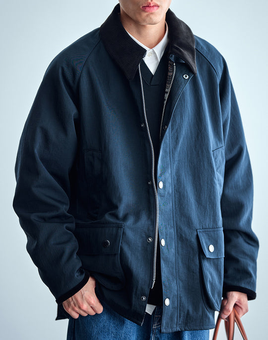 Herren Utility-Fieldjacke aus gewachstem Baumwollmix mit Cordkragen Nord Taschen