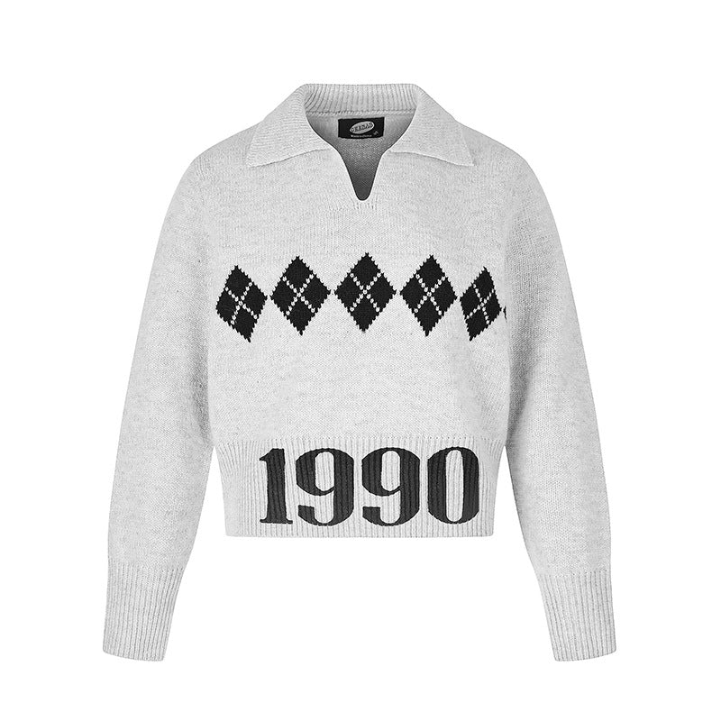 Damen Cropped Strickpullover mit Polokragen, Rippbund und Argyle‑Motiv Nord Taschen