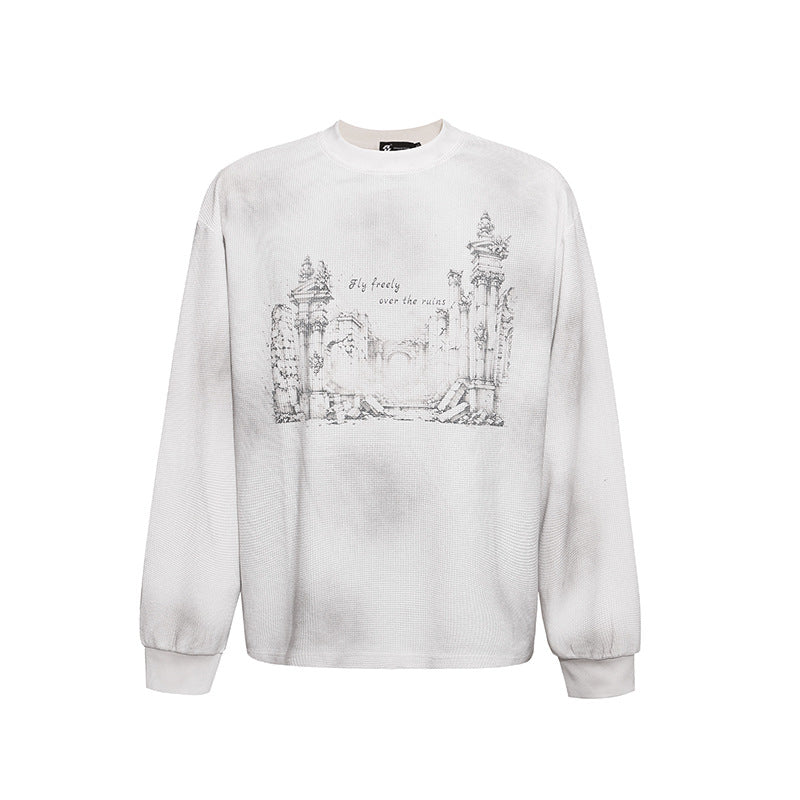Damen Oversize-Sweatshirt mit Waffelstruktur, Rundhalsausschnitt und Ruinen-Skizzenprint Nord Taschen