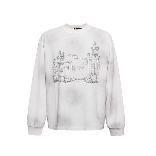 Damen Oversize-Sweatshirt mit Waffelstruktur, Rundhalsausschnitt und Ruinen-Skizzenprint Nord Taschen