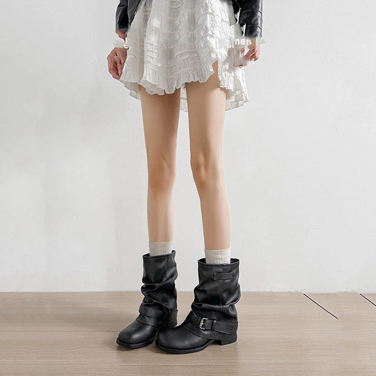 Damen Modische Stiefeletten mit lässigem Falten-Design und eleganter Schnallenverzierung Nord Taschen