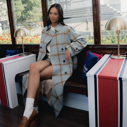 Damen langer kariierter Mantel im Trenchcoat-Stil mit doppelter Knopfleiste Nord Taschen