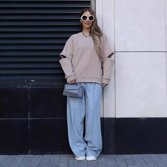 Damen Oversized Sweatshirt mit Layer-Ärmeln und seitlichem Schlitz Nord Taschen
