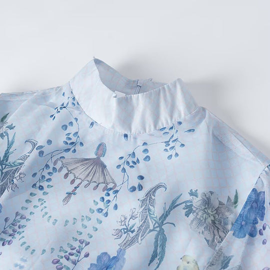 Damen Maxikleid mit Stehkragen, Glockenärmeln, floralem Druck und Bindegürtel Nord Taschen