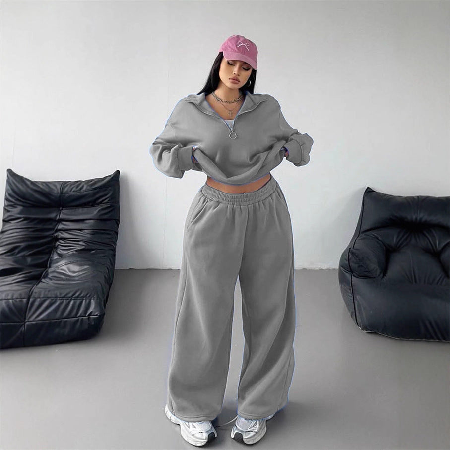 Damen Samt-Cropped-Ziphoodie und weit geschnittene High-Waist Palazzo-Jogginghose Nord Taschen