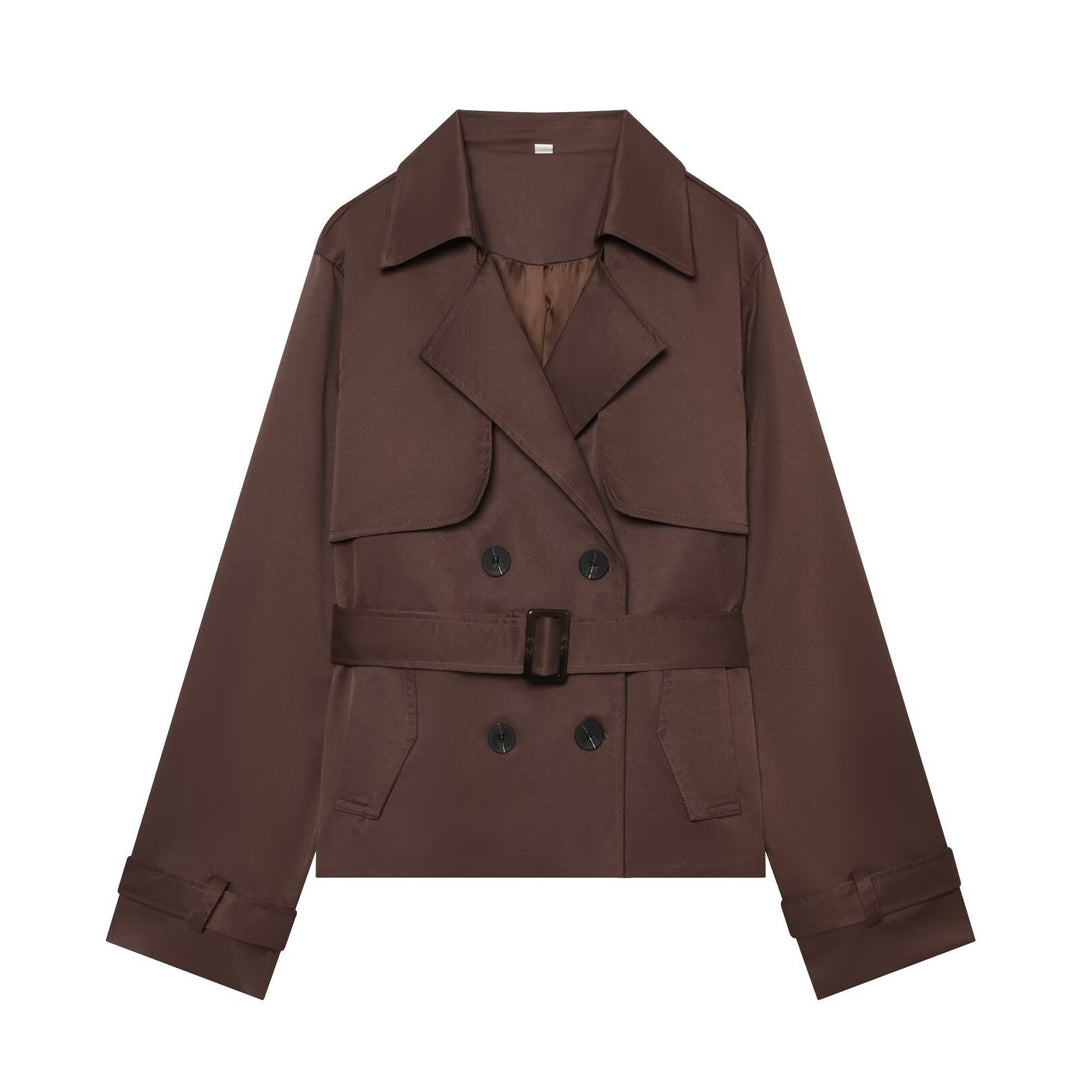 Damen Kurzer Cropped-Trenchcoat mit doppelreihiger Knopfleiste, Taillengürtel und Schulterpatten Nord Taschen