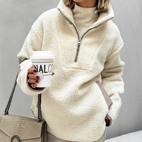 Damen Oversized Sherpa-Fleece Pullover mit halbem Reißverschluss und Kängurutasche Nord Taschen