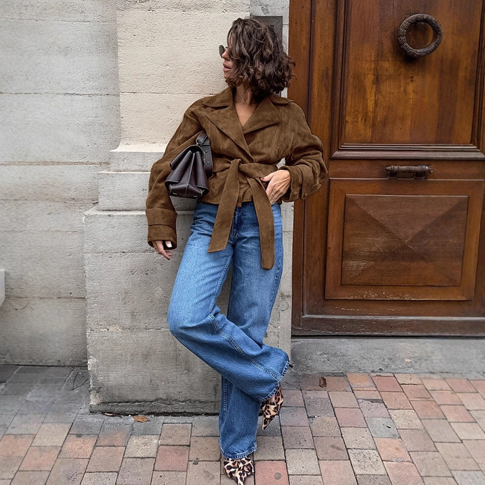 Damen Kurzblouson aus Wildleder‑Look mit Bindegürtel und kastiger Silhouette Nord Taschen