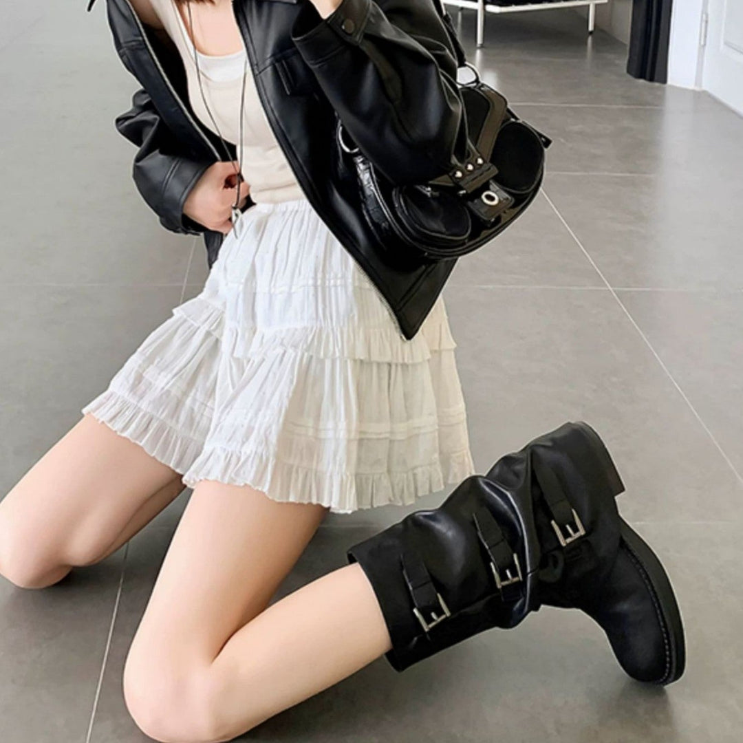 Damen modische Stiefel mit dekorativen Schnallen und robustem Profil
