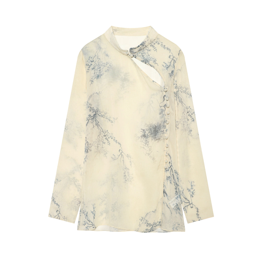 Damen Seidenbluse im Kimono‑Stil mit Mandarinkragen und dekorativer Knotenknopfleiste Nord Taschen