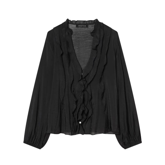 Damen Leichte Chiffon-Bluse mit Volantknopfleiste und Ballonärmeln Nord Taschen