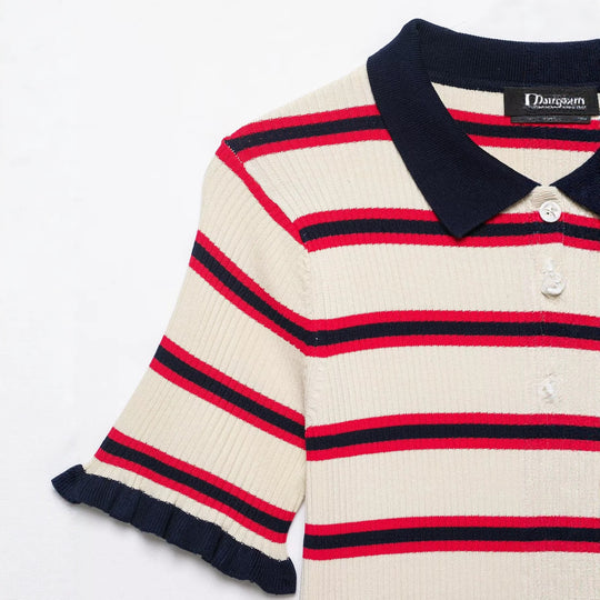 Damen Kurzärmelige Feinstrick-Cardigan mit Polokragen und Volantbündchen Nord Taschen