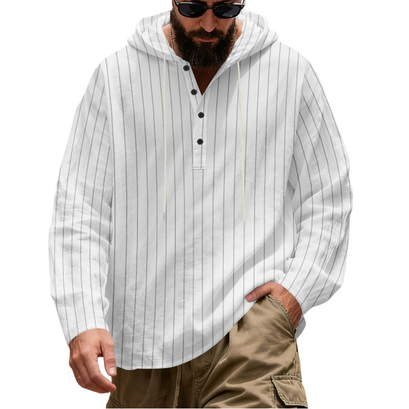 Herren Lässiges Kapuzen-Henleyshirt mit feinen Nadelstreifen und Knopfleiste Nord Taschen