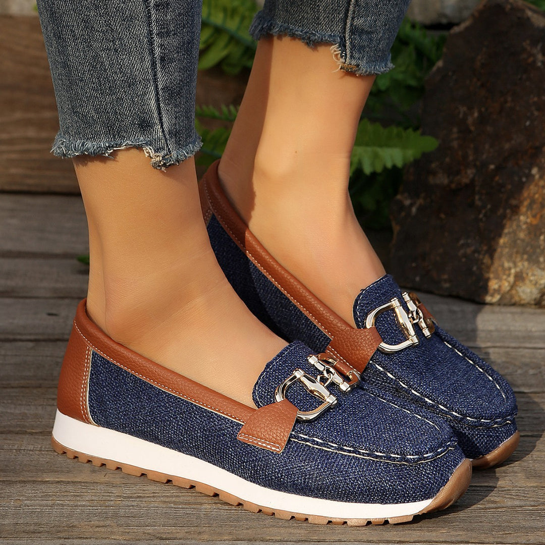 Damen  lässige Mokassin-Slipper mit dekorativer Metallschnalle, gepolsterter Innensohle und profilierter Gummilaufsohle Nord Taschen