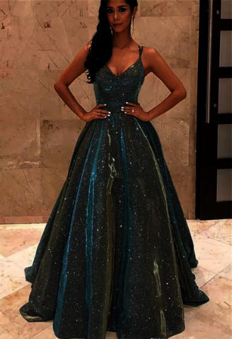 Damen Spaghettiträger V-Ausschnitt A-Linie Glitzer Maxikleid - Arvani