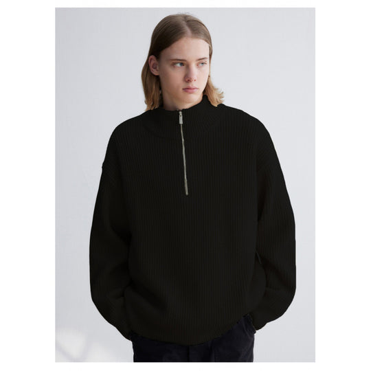 Herren Oversized Rippstrick-Halbzippullover mit verlängertem Arm und hohem Stehkragen Nord Taschen