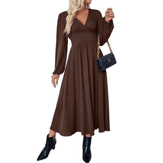 Damen Maxikleid Wickeloptik mit V-Ausschnitt, Empire-Taille und langen Ballonärmeln Nord Taschen
