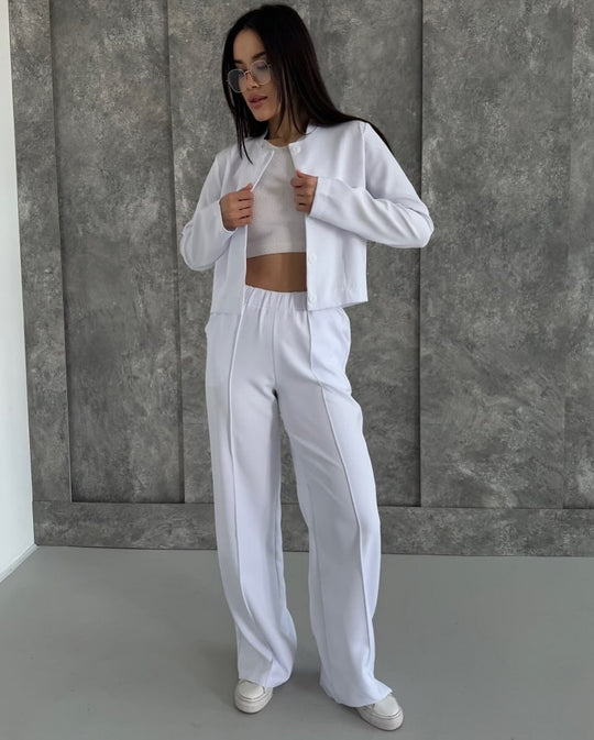 Damen Elegantes Zweiteiler-Set mit Kurzjacke und Hochbund-Faltenhose Nord Taschen