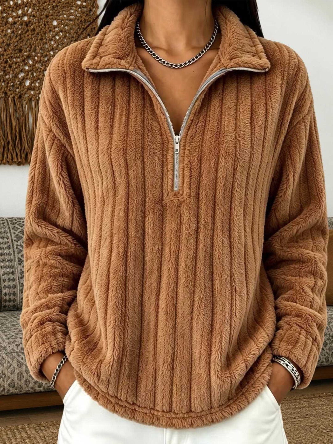 Damen Kuscheliger Plüsch-Halfzip-Pullover mit Stehkragen Nord Taschen