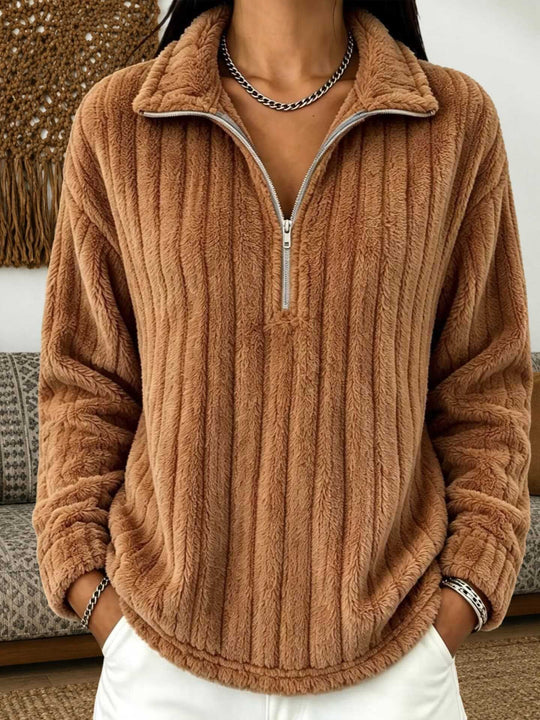 Damen Kuscheliger Plüsch-Halfzip-Pullover mit Stehkragen Nord Taschen