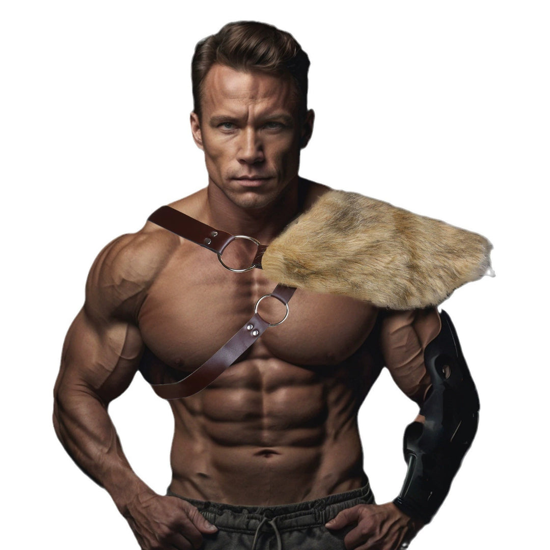 Herren dekoratives Leder‑Brustgeschirr mit abnehmbarem Kunstfell‑Schulterpolster Nord Taschen