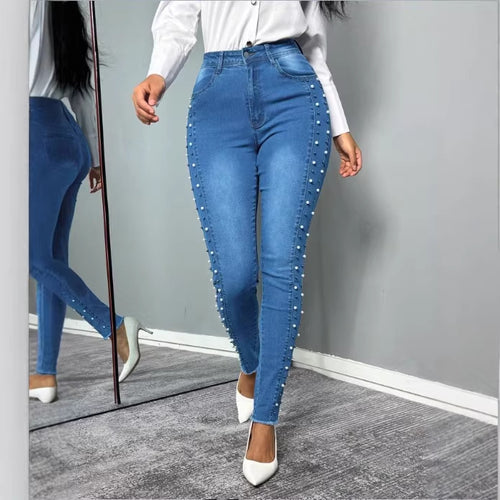 Damen Figurformende hochtaillierte Skinny-Jeans mit seitlicher Perlenzier Nord Taschen