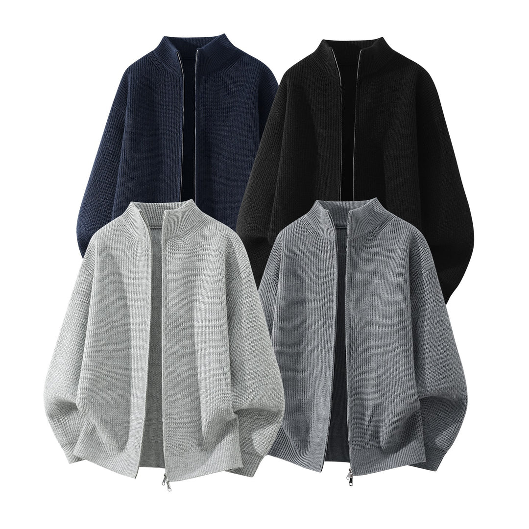 Herren Oversize Grobstrick-Zipcardigan mit Stehkragen und Zwei-Wege-Reißverschluss Nord Taschen