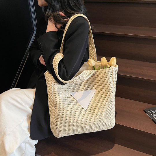 Damen Strandtasche aus handgewebtem Naturmaterial mit eleganter Leder-Applikation Nord Taschen