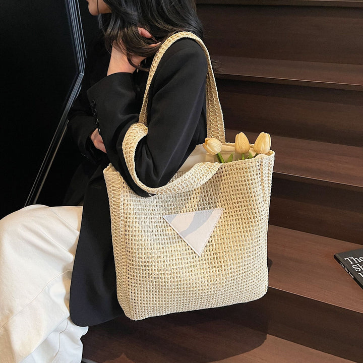 Damen Strandtasche aus handgewebtem Naturmaterial mit eleganter Leder-Applikation Nord Taschen