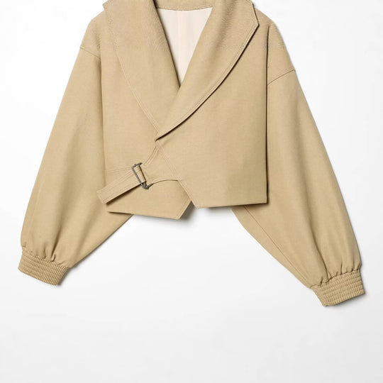 Damen Cropped Trenchjacke mit weitem Schalkragen, Bindegürtel und Ballonärmeln Nord Taschen
