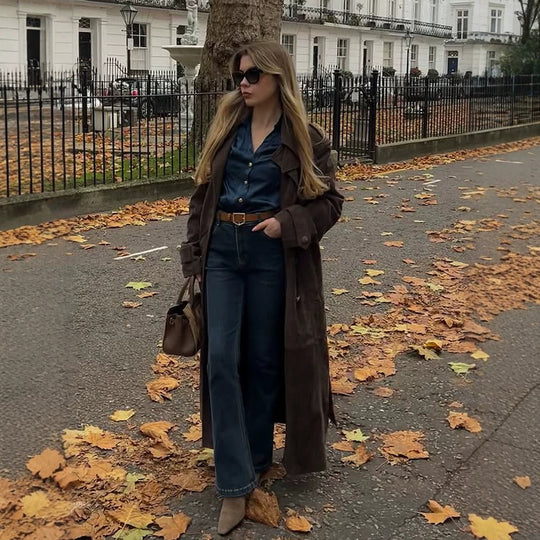 Damen Langschnitt Wildleder-Trenchcoat mit Oversize-Kragen und Bindegürtel Nord Taschen