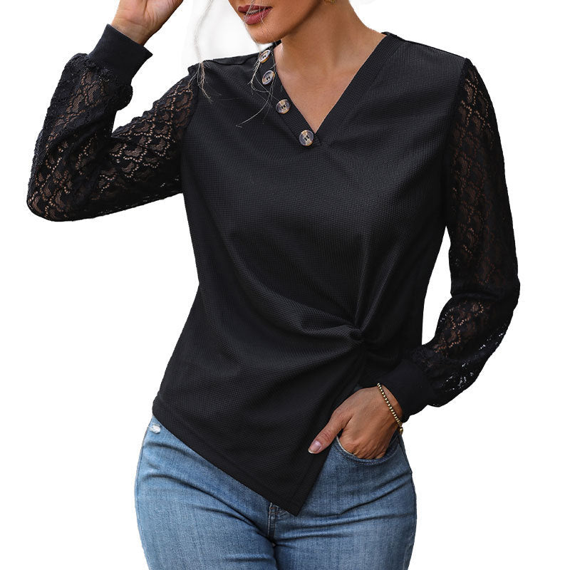 Damen Tailliertes Langarmshirt mit Spitzenärmeln, V‑Ausschnitt und Knotenfront Nord Taschen