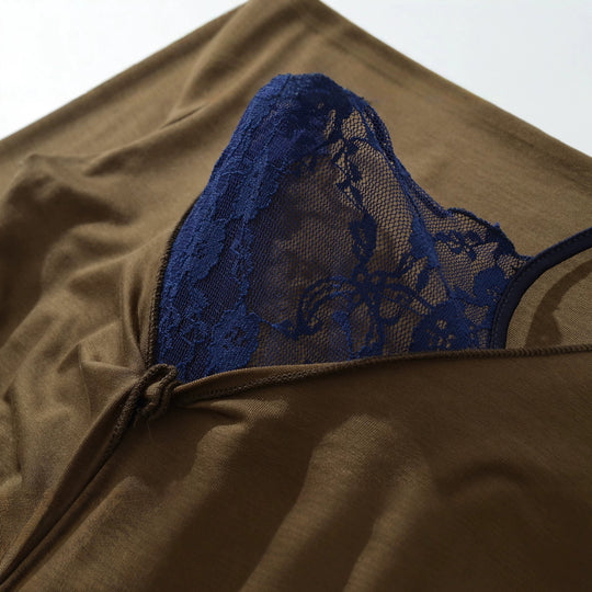 Damen Figurbetontes Langarm-Top mit Spitzen-Einsatz und Knotenverschluss Nord Taschen